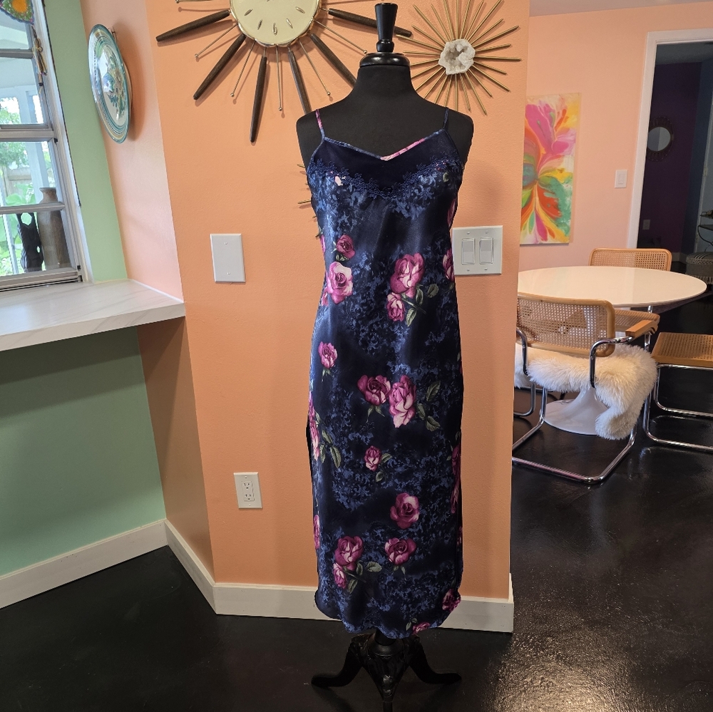 Vintage Whimsigoth Y2K Floral Satin Slip Dress Secret Treasures Blue & Pink - Picture 10 of 16